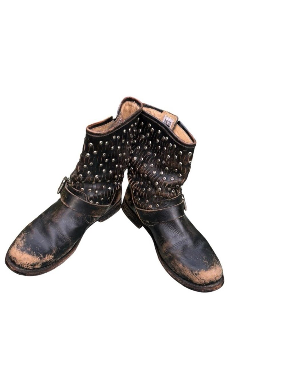 FRYE Boots Jenna Cut Womens 10 B Distressed Leather Studded Short Pull On Biker - Picture 4 of 12